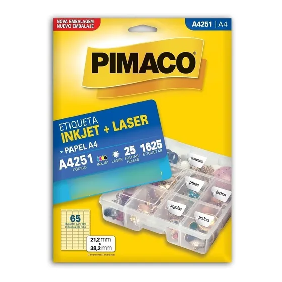 25 Folhas Etiquetas Pimaco A4 - A4251 (65 Etiq./folha) Cor Branco