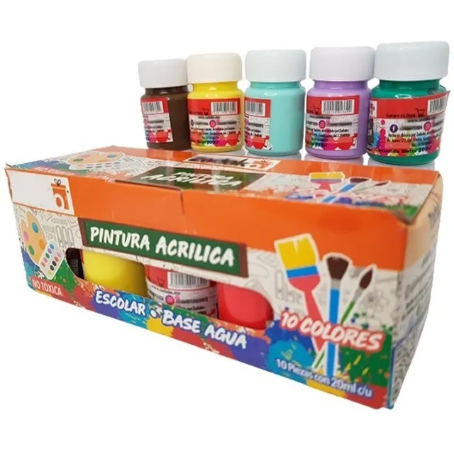 Pintura Escolar Acrílica Base Agua - No Tóxica - 10 Colores