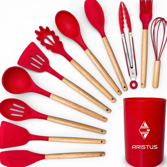 Kit 12 Utensílios De Cozinha Em Silicone Premium Com Cabo De Madeira Aristus Resistentes Ao Calor Até 220°c, Antiaderentes, Duráveis E Modernos Cor Vermelho Kit 12 Utensílios De Cozinha Em Silicone Premium Com Cabo De Madeira Aristus Resistentes Ao Calor Até 220°c, Antiaderentes, Duráveis E Modernos Cor Vermelho
