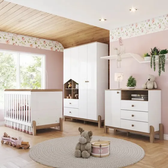 Conjunto Quarto De Bebê Completo Berço 2 Em 1, Branco/jequitibá Hp