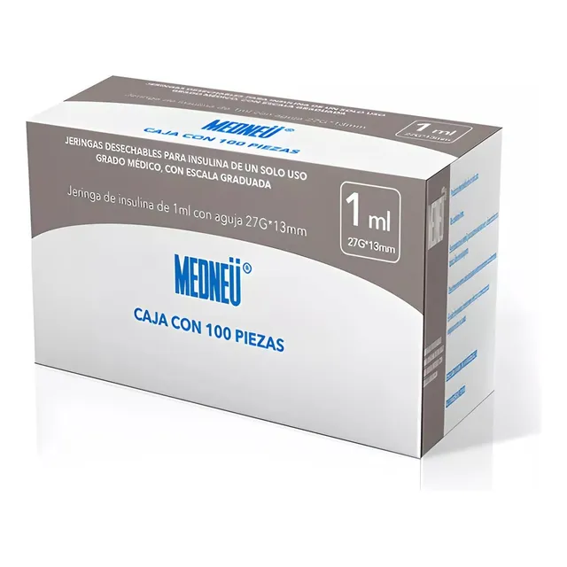 Jeringa 1ml Insulina 100 Pz Medneu 27g 13mm Capacidad En Volumen 1 Ml