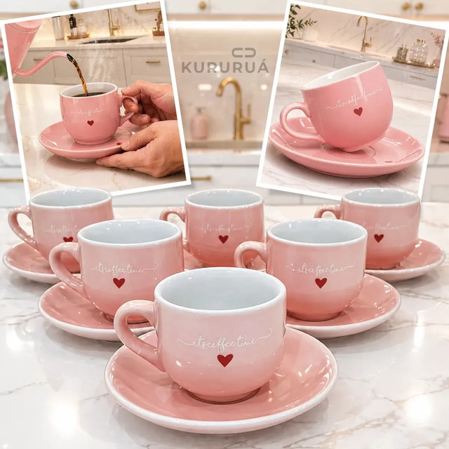 Jogo 6 Xícaras Café Porcelana Rosa 90ml Com Pires Rose Conjunto Marca Kururuá Jogo 6 Xícaras Café Porcelana Rosa 90ml Com Pires Rose Conjunto Marca Kururuá