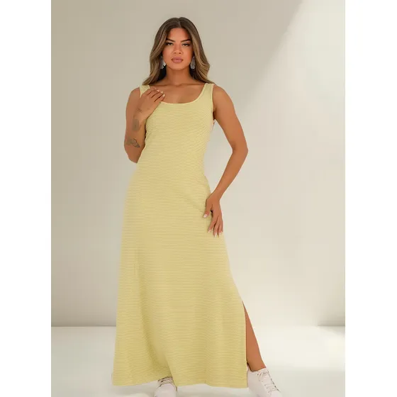 Vestido Longo Com Fenda Lateral Regata Listrado Moda Verão
