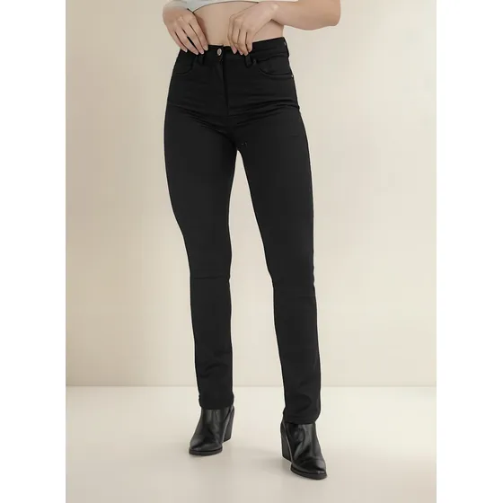 Pantalon Recto Nahana Negro De Gabardina Tiro Alto