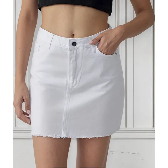 Mini Jeans Blanca Tiro Alto Sin Ruedo Mujer Rigida Denim.
