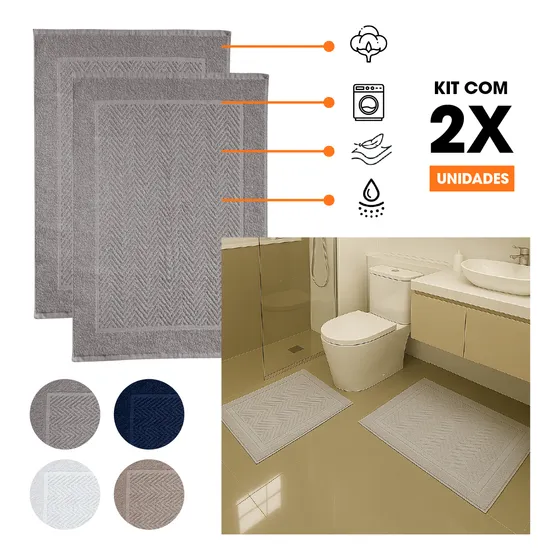 Kit 2 Tapetes Toalha Piso Banheiro Prime 50x70cm 100% Algodão Atoalhado 600g/m² Premium Lavável Alta Absorção Não Solta Tinta Ideal Casa Hotel Pousada Conforto Luxo Cor Cinza - Loja Enveloz