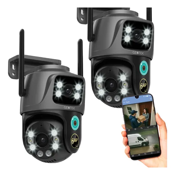 Kit 2 Camaras Seguridad Geotek 6mp Ip Wifi Domo Doble Lente Exterior Vision Nocturna Inteligente Deteccion de Movimiento Motorizada Color Negro