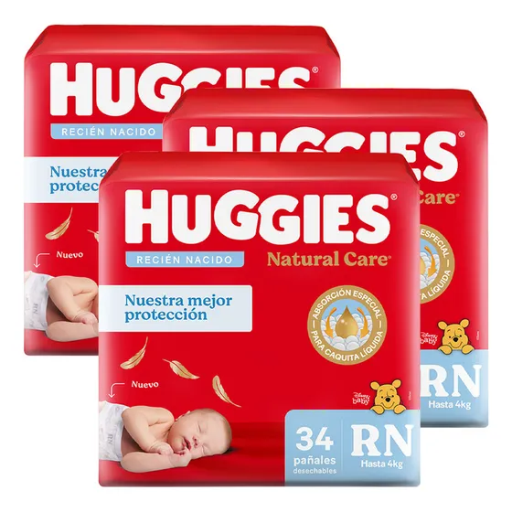 Pañales Premium Huggies Natural Care Rn Más Suave 34 Ud X3 Género Sin Género Tamaño Recién Nacido (rn)