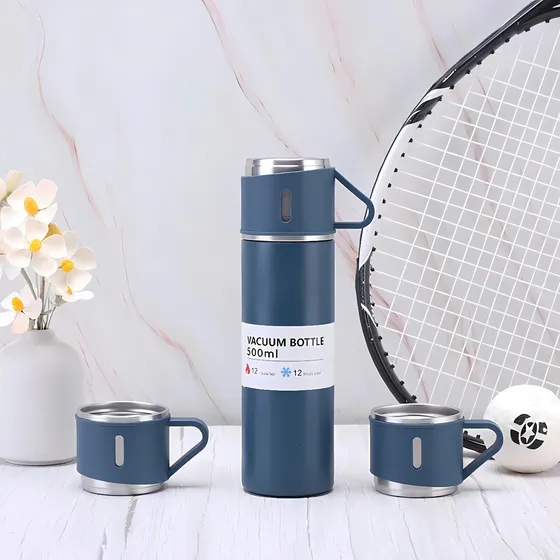 Kit de botellas térmicas para acampar de 500 ml y taza de café azul de 3 tazas