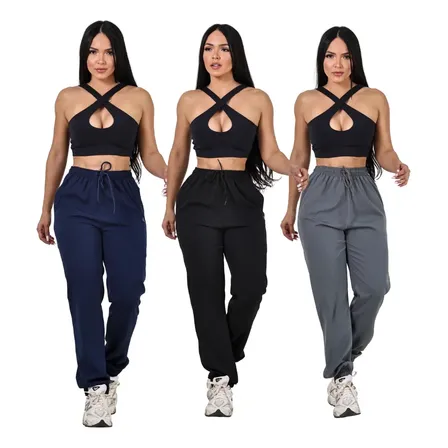 Kit 3 Calças Jogger Femininas Secagem Rápida E Conforto Preto - Marinho - Cinza Escuro Liso Gg