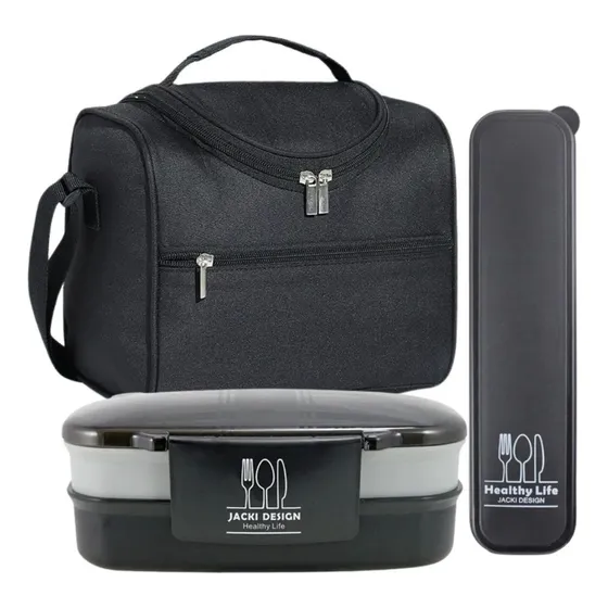 Kit 3 Peças Bolsa Térmica Lancheira +marmita + Porta Talher Com 2 Compartimentos Alça Mão E Ombro