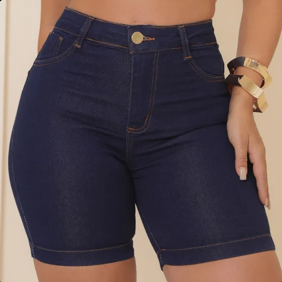 Short Jeans Feminino Com Lycra Cintura Alta Shorts Meia Coxa