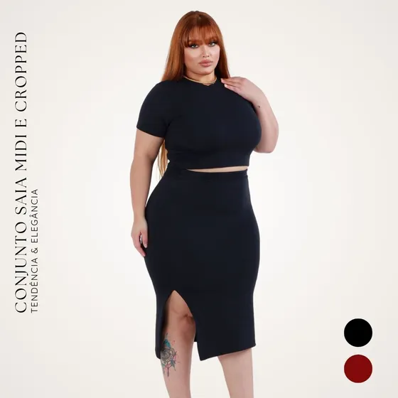 Conjunto Feminino Plus Size Saia Cropped Fenda Modelador G3