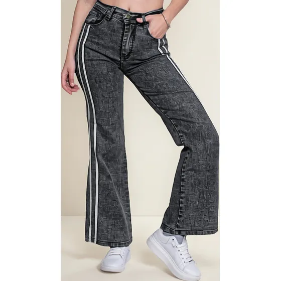Pantalon Cargo Wide Leg Mujer Jean Negro Hilo Blanco Elastiz
