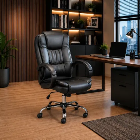 Cadeira Presidente Ergonômica Executiva Reclinável Office Preto Couro Sintético