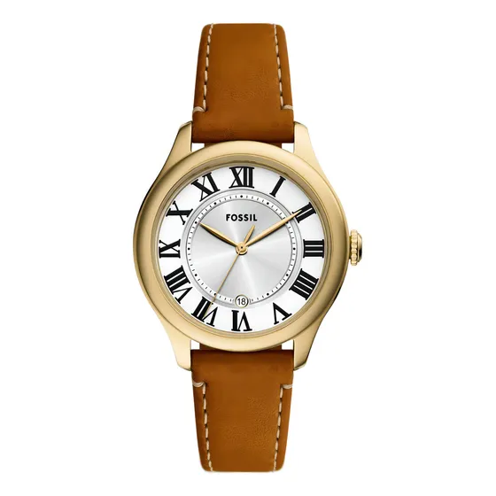 Reloj Gilmore para mujer de cuero marrón mediano con fecha y tres manecillas Fossil