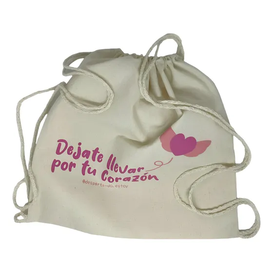 Mochila Niña Despertando De Tela Estampada Corazón Beige Dibujo Corazón