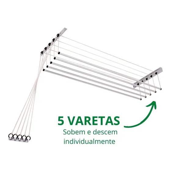 Varal De Teto Ou Parede Innovar Aço 1 metro 5 varetas Branco