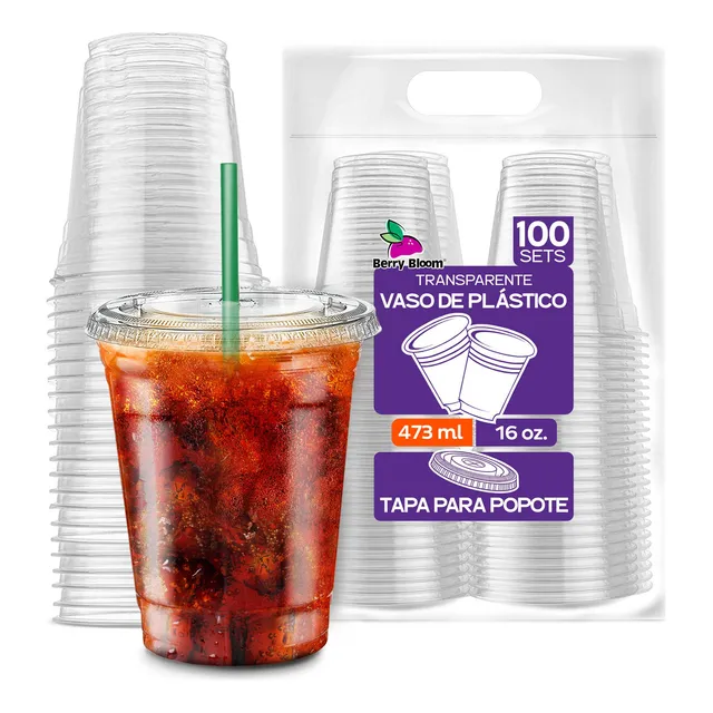Berry Bloom 100 Vasos Desechables con Tapa para Popote de 16 oz (473ml) Plástico PET Transparente y Resistente para Bebidas Frías