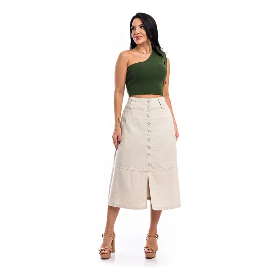 Saia Midi De Linho Com Botões Moda Evangélica Tecido Premium
