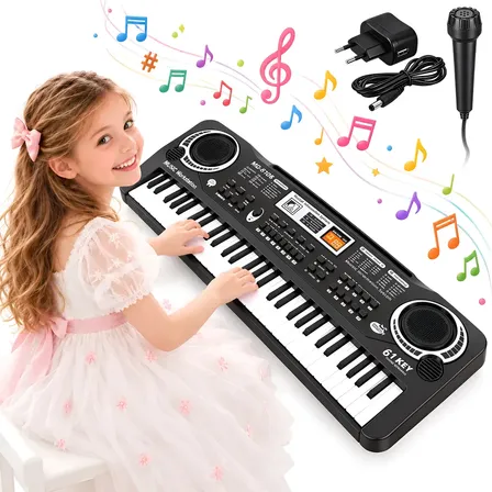 Teclado Infantil Microfone Musical Piano 61 Teclas Preto Preto 5v