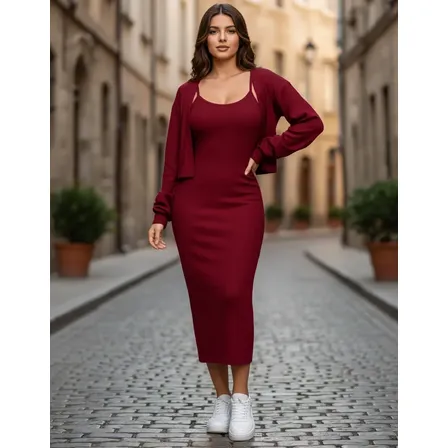 Vestido Canelado Alcinha Midi Com Casaquinho Cardigan Casual