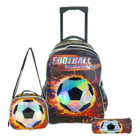 Mochila + Lonchera + Cartuchera Escolar Reforzada Nene Varon Color Naranja Y Gris Diseño De La Tela Fútbol