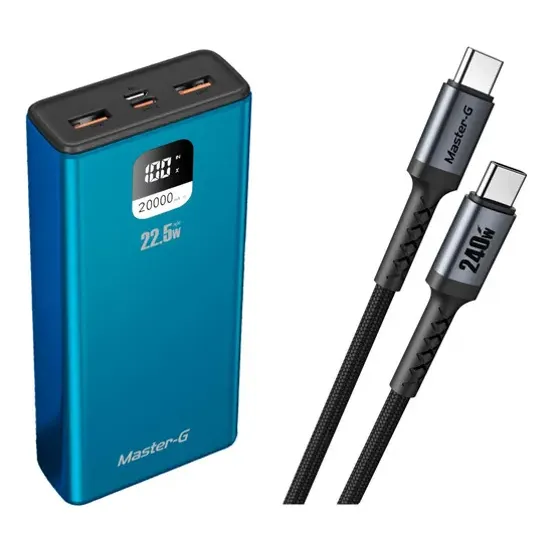 Kit Master-g: Batería Externa 20000mah 22.5w Azul + Cable Carga Rápida Usb-c Antinudos 240w 2m
