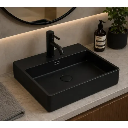 Cuba De Apoio Retangular Preta 50 Cm Cerâmica Premium Preto Fosco