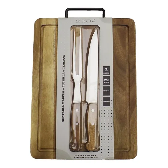 Set Tabla Madera Acacia Con Cuchilla Y Tenedor Color Marrón Liso
