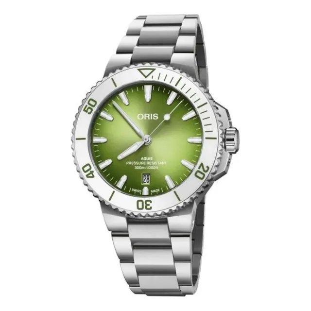 Reloj Oris Aquis Date 01 733 7787 4137-07 8 22 04peb Correa Plateado Bisel Plateado Fondo Verde