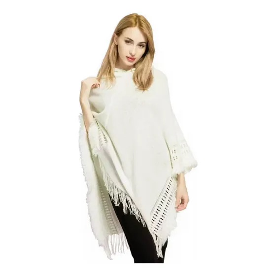 Poncho Capa Con Capucha Y Flecos Tejido Con Trabajo De Punto
