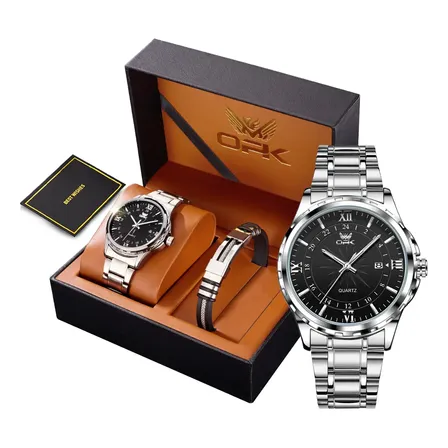 Opk Conjunto De Relógio E Pulseira Masculino Luxo 6003 Prateado Preto