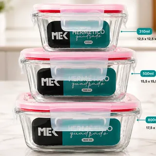 Kit 3 Potes De Vidro Com Tampa Hermética 310, 500, 800 Ml Transparente
