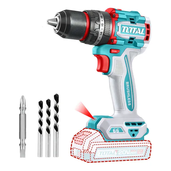 Taladro Percutor Y Atornillador Inalámbrico Total 20v, Industrial, Motor Sin Carbones - Mandril 13mm, 66nm - Con Mechas Y Punta - No Incluye Batería Ni Cargador - Tidli206681