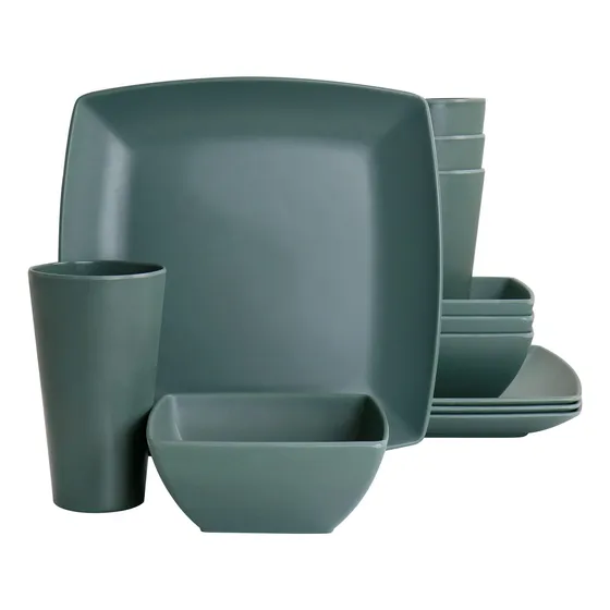 Juego De Vajilla  12 Pzas  Cuadrado De Melamina Verde Mate