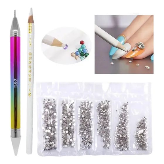 Kit Para Decoração Unhas Lápis E Caneta Pega Jóias + Strass.