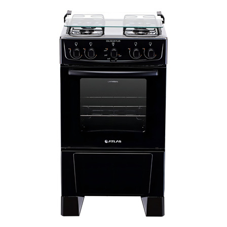 Fogão De Chão Atlas 4 Bocas Preto A Gás Com Mesa De Inox Coliseum Plus Com Forno De 50 Litros Fogão De Chão Atlas 4 Bocas Preto A Gás Com Mesa De Inox Coliseum Plus Com Forno De 50 Litros