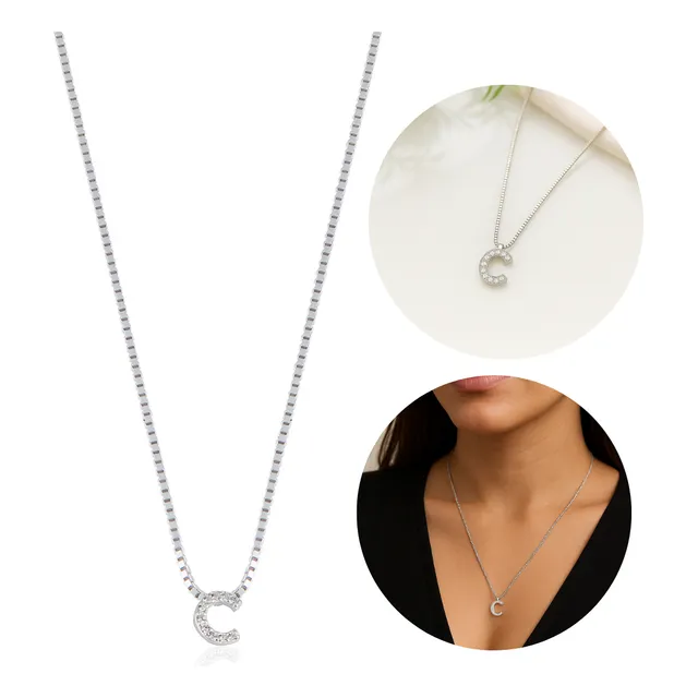 Colar Feminino Letrinha Cravejada Prata 925 Letra Inicial