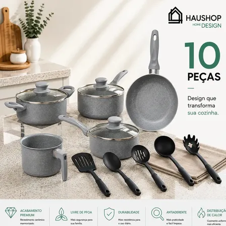 jogo de panelas completo cerâmico haushop 10 peças antiaderente com utensílios