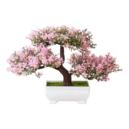 Planta Bonsai Vaso Artificial Flores Realista Decoração Mesa Rosa
