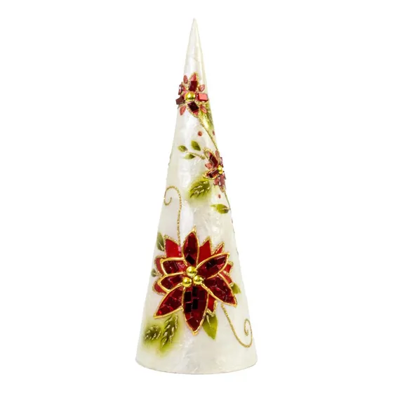 Arvore Cone Decorativa Madreperola Com Flores Poinsetia 41cm