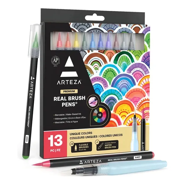 Set 12 Brush Pen Colores Dibujo Plumón Punta Pincel Arteza