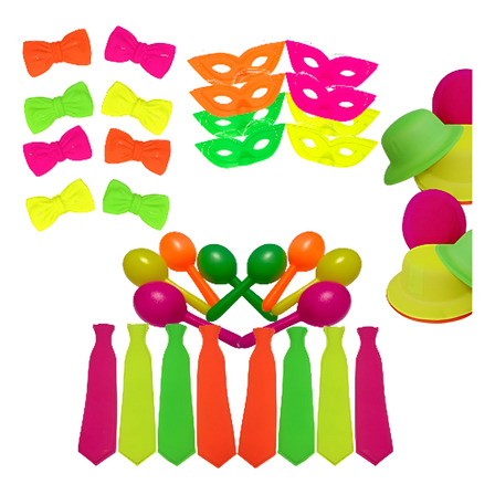 Kit Fiesta Fluo Antifaz Moño Corbata Sombrero Maracas - X100 Kit Fiesta Fluo Antifaz Moño Corbata Sombrero Maracas - X100
