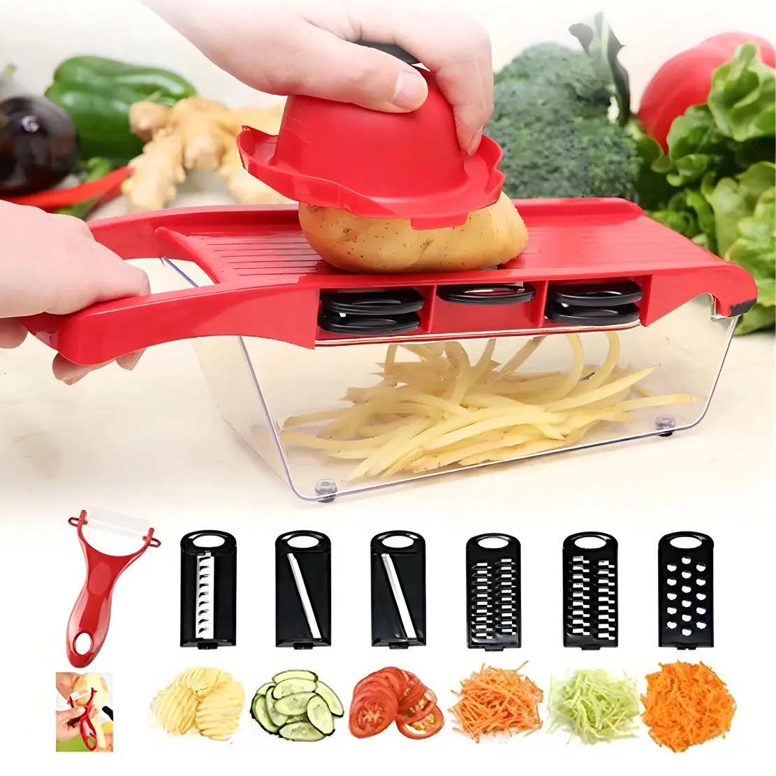 Mandoline Slicer 6 em 1 vermelho com recipiente coletor, protetor de mãos e conjunto de lâminas intercambiáveis para fatiar legumes