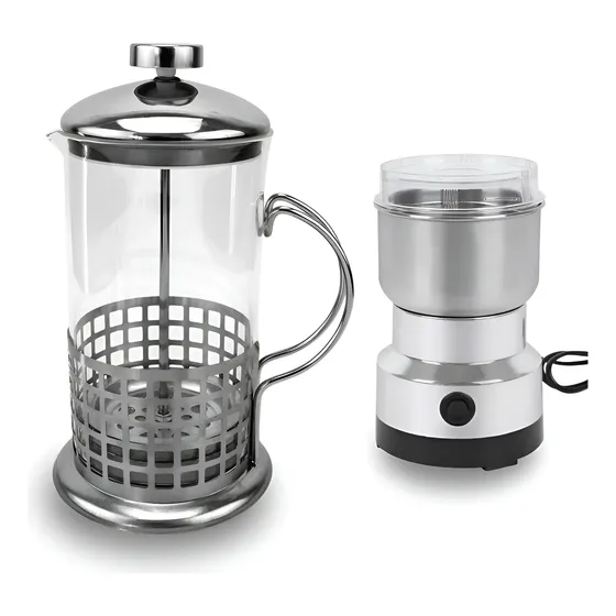 Kit Prensa Francesa 600ml + Moedor Café Elétrico Inox 150w