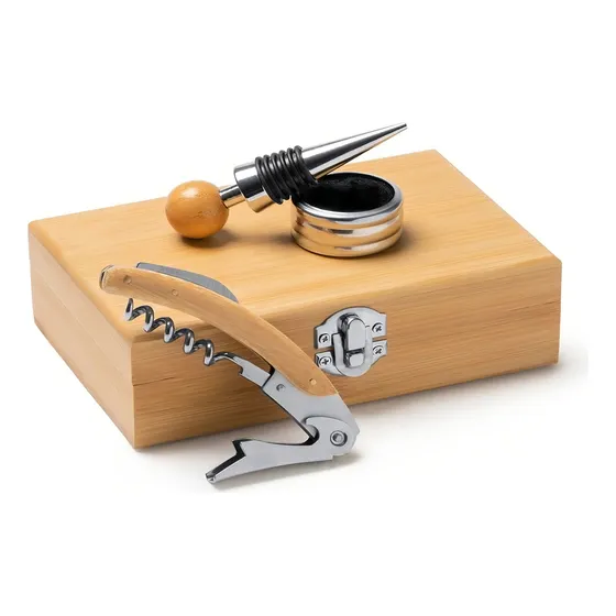 Set Para Vino 3 Piezas Con Caja Y Detalles En Madera