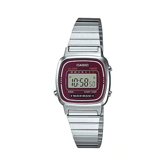 Reloj Casio Mujer Retro Vintage La-670wa-4 Metal Correa Plateada Bisel Plateado Fondo Burdeo