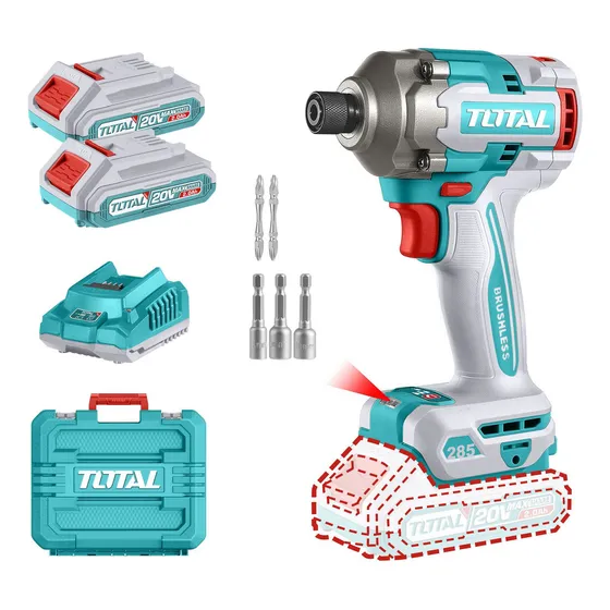 Atornillador De Impacto Inalámbrico Total 20v Industrial, Brushless Sin Carbones, Encastre Hexagonal 1/4'' 285nm - Con 2 Baterías 2.0ah Litio-ion, Cargador, Dados, Puntas Y Maletín - TIRLI2028