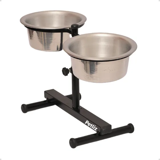 Comedouro Regulável Alto Duplo Pote 900ml para Ração Água Ajustável Elevado Bebedouro Cachorro Pequeno Preto Petliz